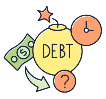 A circular cartoon graphic showing a dollar bill, an arrow pointing to a question mark, a bomb with the word "debt" written on it, and a clock.
